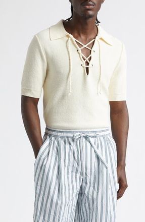 Dolce & Gabbana Serafino Lace-Up Cotton Blend Polo Sweater in A3791 Beige at Nordstrom, Size 54