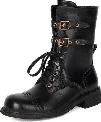 Generic Womens Lace Up Combat Boots with Buckle Round Toe PU Leather Short Boots Flat Heel Platform Mid-Calf Boot,Black,2.5 UK