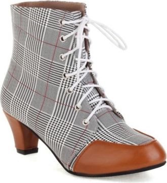 Generic Womens Plaid Lace Up Ankle Boots Retro Kitten Heels Round Toe Booties Comfortable Stylish for Party Cosplay Daily Casual Wear,Yellow,7.5 UK