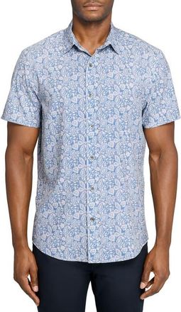 W.R.K Slim Fit Antique Floral Short Sleeve Performance Button-Up Shirt in White/Blue at Nordstrom, Size X-Large