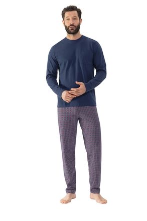 Mey Schlafanzug MEY Red Tile, Herren, Gr. XL, blau (yacht blau), Single Jersey, Obermaterial: 100% Baumwolle, lang, Rundhals, Homewear-Sets Schlafanzug, L