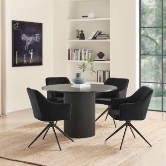 Furniturebox Penrose Black Round Dining Table & 4 Calla Velvet Swivel Chairs