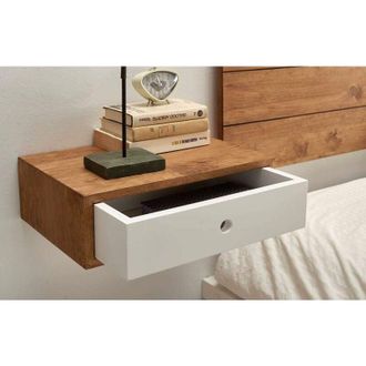 HOGAR 24 Hogar24 - Juego de 2 mesitas de noche flotantes con 1 cajon estilo nordico vintage, madera maciza acabado encerado, frente cajon blanco