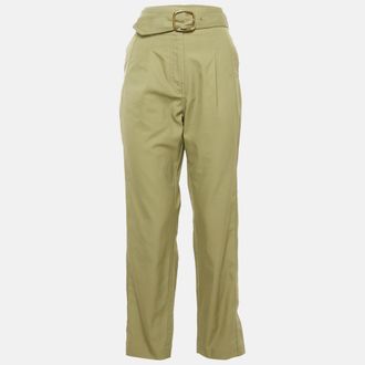 Sandro Sage Green Gabardine Cotton Belted High Rise Trousers