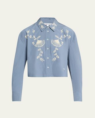 Veronica Beard Aderes Embroidered Cropped Cotton Shirt