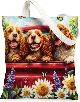 Generic Spring Greyhound Dog Canvas Tote Bag for Shopping 13x15, Truck Garden Daisy Scenic Puppy Reusable Grocery Print Bag for Women, Pet Beach Aesthetic Pai