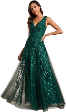 Ever-pretty Womens Evening Dresses Gorgeous A Line Sequin Embroidered Deep V-Neck Prom Dress for Wedding Dark Green 20UK