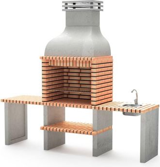 Movelar Barbacoa De Obra Prefabricada De Le&ntilde;a Y Carb&oacute;n Modelo Altea (gris, Naranja - 268 X 70 X 255 Cm) Ref: M00041 - Cocina De Exterior Con Lavabo Para Jard&iacute;