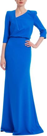 Badgley Mischka Draped Bodice Gown With Sleeve In Cobalt