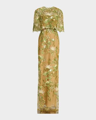 Marchesa Floral-Embroidered Capelet Column Gown