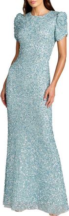 Mac Duggal Womens Embellished Mesh High-Neck Short Sleeve Gown in Powder Blue at Nordstrom, Size 14