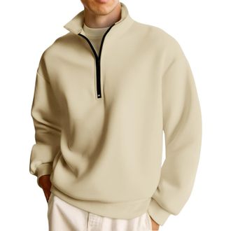 Generic Mens Half Zip Pullover Sweatshirt, Warm Fleece Lined Quarter Zip Jumper with Stand Collar, Casual Long Sleeve Top for Daily & Outdoor Wear Khaki