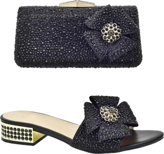 Generic Womens Low Heels Slip On Sandals and Full Rhinestone Sparkly Handbag Matching Set for Wedding Bride Party