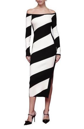 Avec Les Filles Off the Shoulder Long Sleeve Midi Sweater Dress in Black-Ivory at Nordstrom Rack, Size X-Large