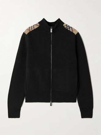 Burberry Cardigan A Collo Alto In Misto Lana E Cashmere A Coste Con Inserti A Quadri - Nero