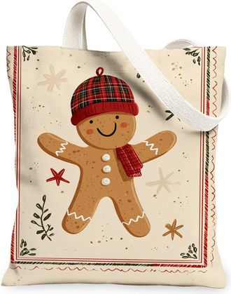 Generic Christmas Gingerbread Canvas Tote Bags, Holiday Biscuits Design Reusable Grocery Bags, Vintage Washable Shoulder Strap for, Beige, 13x15 Inch