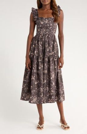 Moon River Print Flutter Strap Midi Dress in Brown at Nordstrom Rack, Size Medium