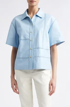 Lafayette 148 New York Ladder Stitch Inset Paneled Tumbled Leather Shirt in Ice Water at Nordstrom, Size X-Small