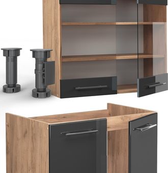 Vicco Mueble De Cocina Fame-line, Antracita Brillo Intenso/roble Dorado El&eacute;ctrico, 200 Cm, Et Antracita