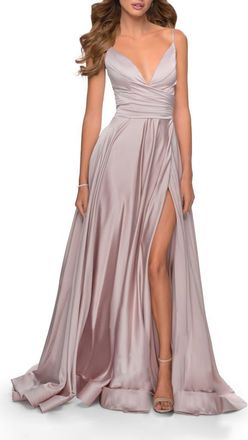 La Femme Long Satin Dress with Side Slit and V Shaped Back in Mauve at Nordstrom, Size 16