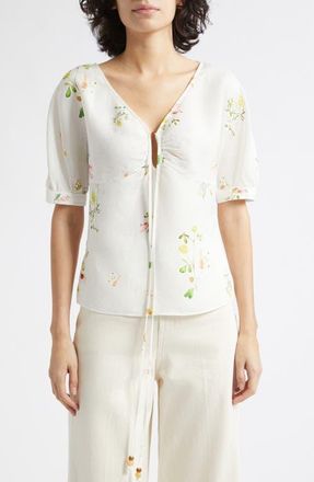 Reiss Quinny Floral Linen Blend Top in Ivory at Nordstrom, Size 14 Us