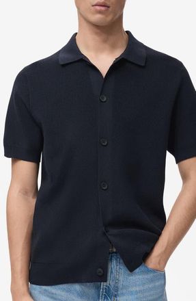 Mango Short Sleeve Knit Button-Up Shirt in Navy at Nordstrom, Size Medium