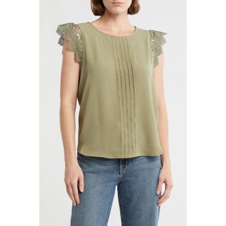 Adrianna Papell Lace Flutter Sleeve Top in Oil Green at Nordstrom Rack, Size Small