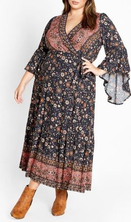 City Chic Adhara Mixed Print Long Sleeve Maxi Dress in Grey at Nordstrom, Size Xxs