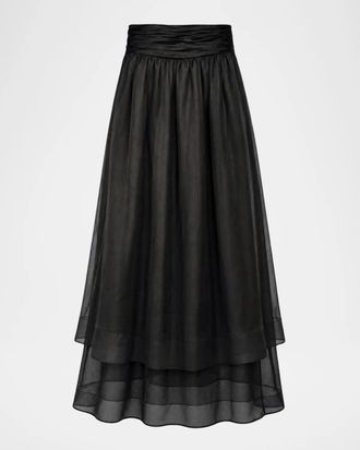 Toccin Amber Tiered Sheer Silk Midi Skirt