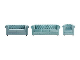 Vente-Unique Sof&aacute;s de 3 plazas, 2 plazas y sill&oacute;n de terciopelo azul pastel CHESTERFIELD