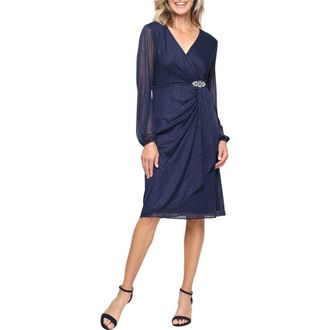 S.L. Fashions Glitter Mesh Long Sleeve Cocktail Dress in Navy at Nordstrom, Size 14P