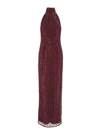 Rotate Burgundy Tight-Fit Beaded Maxi Dress