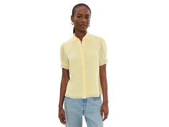 CeCe by Cynthia Steffe Short Sleeve Scalloped Collar Cuff Button-Up Blouse Womens Clothing Lemon Drop : XL, Polyester