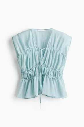 H&M Ruched Cotton Blouse in Light Turquoise at Nordstrom, Size Xx-Small