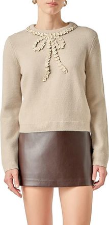 English Factory Floral Appliqu&eacute; Bow Sweater in Oatmeal at Nordstrom, Size X-Small