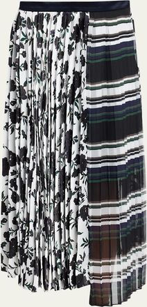 sacai Mixed-Print Pleated Midi Skirt