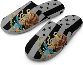 Generic U.S. Mexico Flag Flannel Mens Slip-on Slippers Winter Warm House Shoes with Rubber Sole for Home Hotel