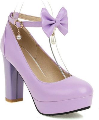 Generic Womens Elegant Platform Wedding Shoes Bow-Knot Ankle Strap Pumps Chunky Heel Romantic Evening Party Heels,Purple,6.5 UK
