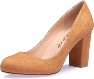 Castamere High Heels Womens Block Heels Round Toe Slip-On Court Shoes 3.2 in Heeled Suede Brown Pumps UK 8