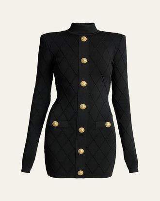 Balmain Long-Sleeve Buttoned Knit Mini Dress