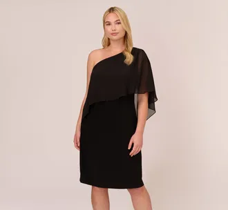 Adrianna Papell Plus Size One Shoulder Dress With Chiffon Cape In Black