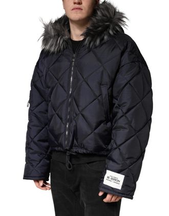 Dolce & Gabbana Mens Black Quilted Fur Shearling Hooded Jacket Clothing