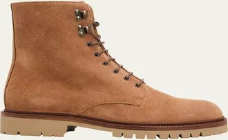 Brunello Cucinelli Mens Suede Lug-Sole Lace-Up Boots