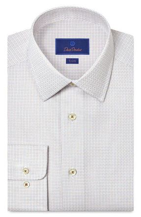 David Donahue Trim Fit Check Cotton Dobby Dress Shirt in White/Dune at Nordstrom, Size 17.5 - 36