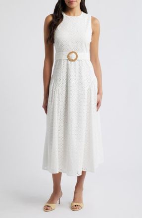 Eliza J Eyelet Belted Sleeveless Maxi Dress in Ivory at Nordstrom, Size 16