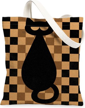 Generic Vintage Cat Canvas Tote Bags, Stylish Checkerboard Pattern Reusable Grocery Bags, Lightweight Washable Shoulder Strap, Black, 13x15 Inch