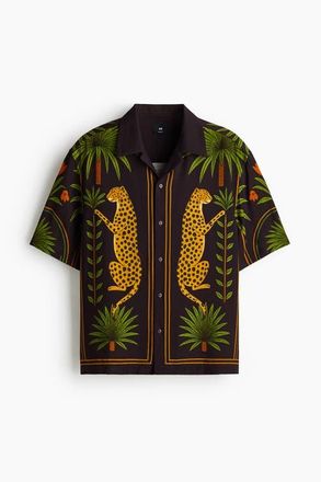 H&M Relaxed Fit Printed Resort Shirt in Dark Brown/leopard at Nordstrom, Size Xx-Large