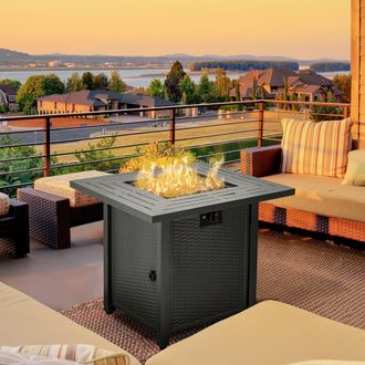 TJ Hughes Outsunny Square Propane Gas Fire Pit Table - 50000 BTU Rattan Smokeless Firepit Patio Heater with Protective Cover - Lava Rocks and Lid - 71cm x 71cm