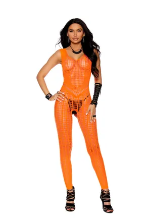 Elegant Moments Crochet Footless Bodystocking With Open Crotch - One Size - Orange