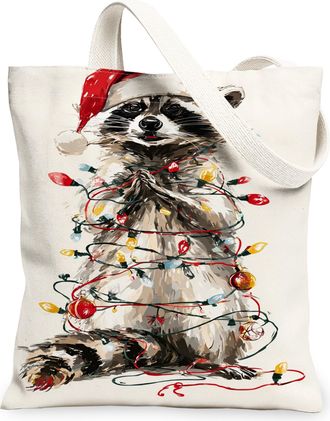 Generic Christmas Raccoon Canvas Tote Bags, Holiday Animal Art Pattern Reusable Grocery Bags, Festive Lightweight Washable Shoulder, White, 13x15 Inch